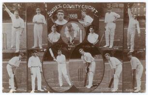 &lsquo;Sussex County Cricket 1908&rsquo;. Early original sepia real photograph postcard depicting the Sussex players in cameo. Players are Fry (Captain), Dwyer, A.E. Relf, Vincent, Young, Nason, Butt, Simms, Vine, Leach, Killick, Cox, Ranjitsinhji, Smith and R.R. Rel