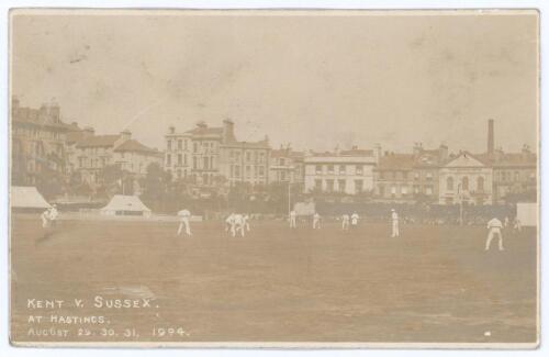 &lsquo;Kent v Sussex at Hastings&rsquo; 1904. Early original sepia real photograph postcard depicting play in progress for the drawn match at Hastings 29th- 31st August 1904. The postcard is addressed to the collector, C.I.S. Wallace, the correspondent describing pla