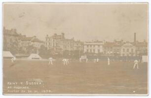 &lsquo;Kent v Sussex at Hastings&rsquo; 1904. Early original sepia real photograph postcard depicting play in progress for the drawn match at Hastings 29th- 31st August 1904. The postcard is addressed to the collector, C.I.S. Wallace, the correspondent describing pla