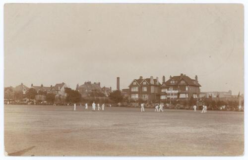 Sussex v All India, Hove 1911. Rare and early sepia real photograph postcard of play in progress for the tour match at Hove, 21st- 23rd August 1911. The scoreboard shows Sussex batting with the score at 90/4, A.E. Relf on 22 and R.A. Young 7. Publisher un