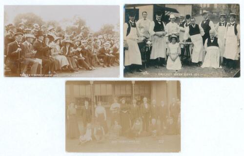 Sussex C.C.C. Hove Cricket Week 1911. Three early original sepia postcards. One depicts spectators including the Bishop of Lewes watching the match Sussex v Surrey, 24th- 26th August 1911, Surrey won by eight wickets. Another depicts the catering staff an