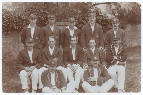 Sussex C.C.C. 1914. Early original sepia postcard of the Sussex team at Hove seated and standing in rows wearing cricket attire caps and blazers. Players are Chaplin (Captain), R.R. Relf, Wilson, Holloway, Cox, Vine, A.E. Relf, Bowley, Roberts, Jupp, Vinc