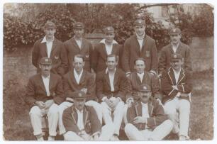 Sussex C.C.C. 1914. Early original sepia postcard of the Sussex team at Hove seated and standing in rows wearing cricket attire caps and blazers. Players are Chaplin (Captain), R.R. Relf, Wilson, Holloway, Cox, Vine, A.E. Relf, Bowley, Roberts, Jupp, Vinc