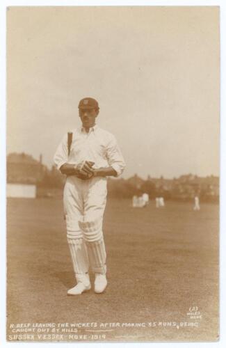 &lsquo;Sussex v Essex. Hove 1914&rsquo;. Rarer early original sepia postcard of Bob Relf walking off the field in batting attire in the match played at Hove 11th- 13th May 1914. Sussex won by nine wickets. Printed caption &lsquo;R. Relf leaving the wickets after making 55 