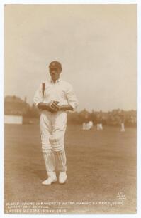 &lsquo;Sussex v Essex. Hove 1914&rsquo;. Rarer early original sepia postcard of Bob Relf walking off the field in batting attire in the match played at Hove 11th- 13th May 1914. Sussex won by nine wickets. Printed caption &lsquo;R. Relf leaving the wickets after making 55 
