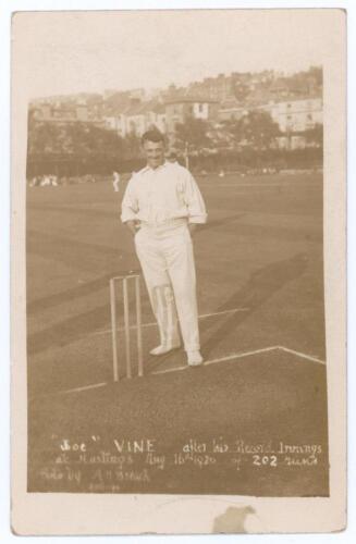 Joseph &lsquo;Joe&rsquo; Vine. Sussex & England 1896-1922. Rarer original sepia postcard of Vine standing full length at the wicket wearing cricket attire, hands in pockets. Printed caption &lsquo;&rdquo;Joe&rdquo; Vine after his Record Innings at Hastings Aug 16th 1920 of 202 runs&rsquo;. 