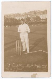 Joseph &lsquo;Joe&rsquo; Vine. Sussex & England 1896-1922. Rarer original sepia postcard of Vine standing full length at the wicket wearing cricket attire, hands in pockets. Printed caption &lsquo;&rdquo;Joe&rdquo; Vine after his Record Innings at Hastings Aug 16th 1920 of 202 runs&rsquo;. 