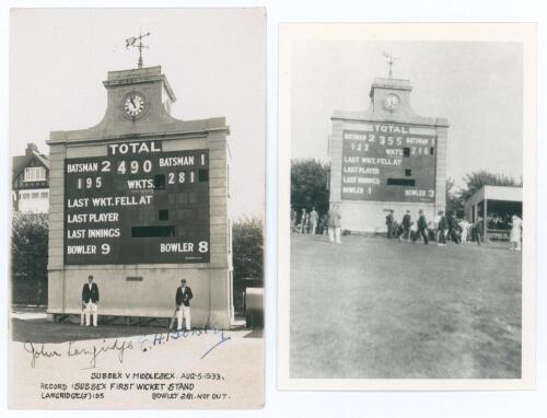 Sussex C.C.C. Record first wicket stand 1933. Mono real photograph postcard of John Langridge and Ted Bowley standing in front of the scoreboard at Hove for the match Sussex v Middlesex, 5th- 8th August 1933. The printed title describes the scoreboard sho
