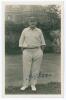 George Rubens Cox (George Cox Senior). Sussex 1895-1928. Sepia real photograph postcard of Cox standing full length wearing cricket attire and Sussex cap, hands in pockets. Very nicely signed in ink to the photograph &lsquo;G.R. Cox. Official stamps to verso fo
