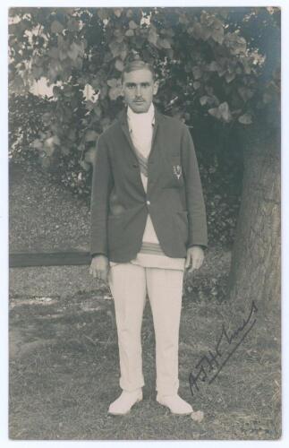 Albert John Holmes. Sussex 1922-1939. Mono real photograph postcard of Holmes standing full length in cricket attire and blazer. Nicely signed in black ink to the photograph &lsquo;A.J. Holmes&rsquo;. Official stamp to verso for Nias of Brighton. Postally unused. Ver