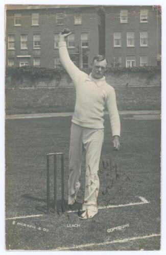 George Leach. Sussex 1903-1914. Early mono real photograph postcard of Leach standing full length at the wicket in bowling pose. Signed in ink to the photograph &lsquo;Yours truly G. Leach&rsquo;. Printed title &lsquo;Leach&rsquo;. E. Hawkins & Co., Brighton. Postmarked 1905. So