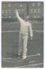 George Leach. Sussex 1903-1914. Early mono real photograph postcard of Leach standing full length at the wicket in bowling pose. Signed in ink to the photograph &lsquo;Yours truly G. Leach&rsquo;. Printed title &lsquo;Leach&rsquo;. E. Hawkins & Co., Brighton. Postmarked 1905. So