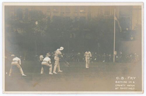 Charles Burgess Fry. Oxford University, Sussex, Hampshire, Europeans & England 1892-1922. Early original sepia real photograph postcard depicting play in progress in the drawn match, Sussex v Kent at Hastings 29th- 31st August 1904. Printed title &lsquo;C.B. Fr