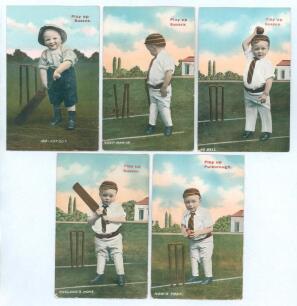 Dainty Series. E.T.W. Dennis & Sons, London and Scarborough. &lsquo;Play Up Sussex&rsquo; c.1908. Five Sussex themed humorous colour postcards of colour printed images of a boy toddler in various batting and bowling poses. Titles are &lsquo;100- Not Out&rsquo; (series no. 7052),