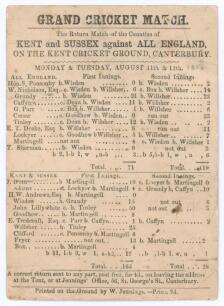 &lsquo;Kent and Sussex against All England&rsquo; 1856. Small and early original single sided scorecard for the match played at Canterbury 11th & 12th August 1856 with complete printed scores. All England (71 & 119) lost to Kent and Sussex (165 & 26/4) by six wickets