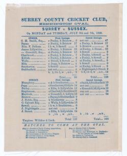 &lsquo;Surrey v. Sussex&rsquo;. Pooley&rsquo;s record 1868. Early original silk scorecard produced to commemorate Ted Pooley&rsquo;s achievement of the record number of twelve dismissals in a match by a wicket-keeper, taking eight catches and four stumpings at Kennington Oval 6t