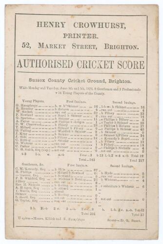 &lsquo;8 Gentlemen and 3 Professionals v 14 Young Players of the County [Sussex Colts]&rsquo; 1876. Early original single sided &lsquo;Authorised Cricket Score&rsquo; card with complete printed scores for the match played at Hove, 5th & 6th June 1876. Sussex Colts (142 & 217) dr