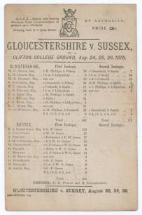 &lsquo;Gloucestershire v. Sussex&rsquo; 1876. Early original double sided scorecard with complete printed scores for the match played at Clifton College, 24th- 26th August 1876. Gloucestershire (342 & 172/6) drew with Sussex (281). The Gloucestershire team featured t