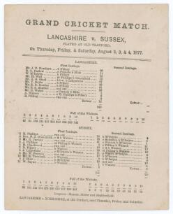 &lsquo;Lancashire v. Sussex&rsquo; 1877. Official and early single sided scorecard for the match played at Old Trafford, 2nd- 4th August 1877, with complete printed scores. Lancashire batted first and made 345 with contributions from debutant A.G. Steel (87), Kershaw