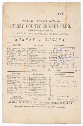 &lsquo;Surrey v. Sussex&rsquo; 1878. Early official single sided scorecard for the match played at Kennington Oval, 5th- 7th August 1878. The scorecard with complete printed and handwritten scores in ink and pencil. Batting first, Sussex made 185 (H. Whitfield 64), a