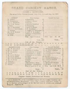 &lsquo;Grand Cricket Match. Sussex v. Derbyshire&rsquo; 1883. Early original single sided scorecard with complete printed scores for the match played at the County Ground, Derby, 30th July- 1st August 1883. Scheduled for three days but completed in two, Sussex batted