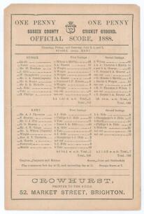 Sussex v Kent 1888. Early original double sided scorecard with complete printed scores for the match played at Hove, 5th- 7th July 1888. Sussex (107 & 146) lost to Kent (146 & 109/5) by five wickets. Top scorers in the match were Walter Quaife (56) in Sus