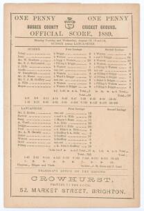 Sussex v Lancashire 1889. Early original double sided scorecard with complete printed scores for the match played at Hove, 12th & 13th August 1889. Sussex (64 & 128) lost to Lancashire (225) by an innings and 33 runs. Lancashire&rsquo;s Alexander Watson (ten wi