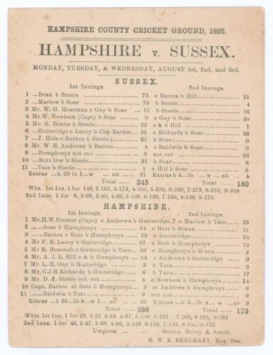 &lsquo;Hampshire v. Sussex&rsquo; 1892. Early original double sided scorecard for the match played at Southampton 1st & 2nd August 1892. To one side are the complete printed scores and, to the verso, scores at a slightly earlier stage in play. Sussex scored 345 in th