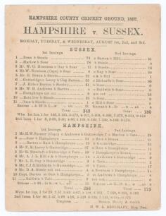 &lsquo;Hampshire v. Sussex&rsquo; 1892. Early original double sided scorecard for the match played at Southampton 1st & 2nd August 1892. To one side are the complete printed scores and, to the verso, scores at a slightly earlier stage in play. Sussex scored 345 in th
