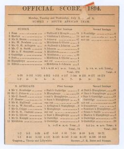 South Africa&rsquo;s inaugural tour to England 1894. &lsquo;Sussex v. South African Team&rsquo;. Rare early original double sided scorecard with complete printed scores for the tour match played at the County Ground, Hove, 2nd & 3rd July 1894. Batting first, the Sussex ope