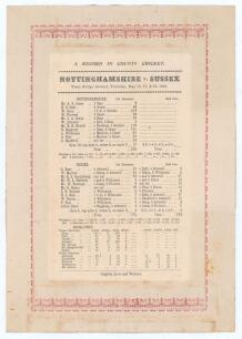 &lsquo;A Record in County Cricket. Nottinghamshire v. Sussex&rsquo; 1895. Early original single sided commemorative scorecard for the match played at Trent Bridge, 16th- 18th May 1895. The card, with decorative ornate maroon borders, shows Nottinghamshire&rsquo;s then reco