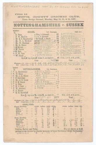 &lsquo;Nottinghamshire v. Sussex&rsquo; 1897. Early original double sided scorecard for the match played at Trent Bridge 10th- 12th May 1897 with complete printed and handwritten scores in pencil. Sussex (255 & 119) lost to Nottinghamshire (448/7 declared) by an inni