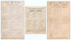 Sussex &lsquo;away&rsquo; scorecards 1897-1900. Three early official double sided scorecards for Sussex County matches, all with complete printed and/ or handwritten scores in pencil. Matches are v Middlesex at Lord&rsquo;s 12th- 14th August 1897 (Middlesex won by seven wi