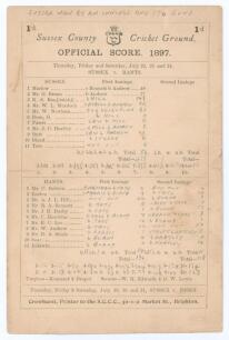 Sussex v Hampshire 1897. Early original double sided scorecard for the match played at Hove 22nd- 24th July 1897 with complete printed and (mainly) handwritten scores in pencil. Sussex (438, Ranjitsinhji 149, Brann 77, Newham 61) beat Hampshire (134 & 128
