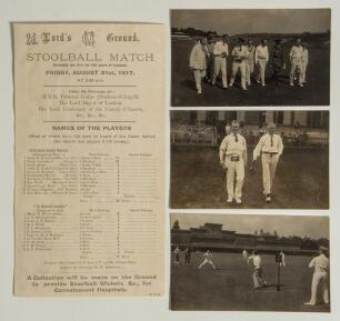 &lsquo;Stoolball Match (Probably the first for 200 years in London)&rsquo;. Lord&rsquo;s 1918. Rare official scorecard for a stoolball match played at Lord&rsquo;s, 31st August 1917 &lsquo;Under the Patronage of:- H.R.H. Princess Louise (Duchess of Argyll). The Lord Mayor of London. T