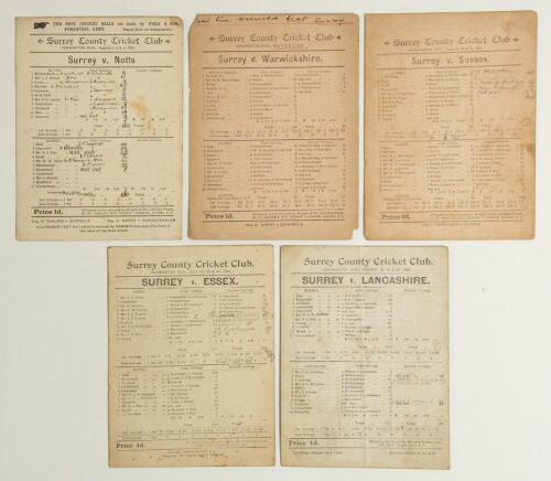 Surrey C.C.C. 1893-1898. Five early original scorecards for County matches played at Kennington Oval, all with incomplete printed and/ or handwritten scores unless stated. Matches are v Nottinghamshire 7th & 8th August 1893, Surrey won by ten wickets. v W