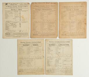 Surrey C.C.C. 1893-1898. Five early original scorecards for County matches played at Kennington Oval, all with incomplete printed and/ or handwritten scores unless stated. Matches are v Nottinghamshire 7th & 8th August 1893, Surrey won by ten wickets. v W