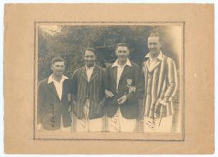 Sussex C.C.C. 1929. Original sepia photograph of the four Sussex players who were selected for the 1929/30 M.C.C. tour to New Zealand, signed in black ink to the photograph by all four. The players are W.L. Cornford, K.S. Duleepsinhji, E.H. Bowley and A.H