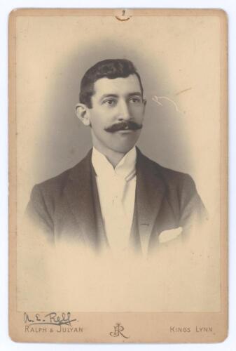 Albert Edward Relf. Sussex, Auckland & England 1900-1921. Early original cabinet card studio portrait photograph of Relf, head and shoulders wearing formal attire. Signed in black ink &lsquo;A.E. Relf&rsquo; to the lower mount border. The photograph by Ralph & Julyan