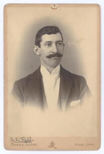 Albert Edward Relf. Sussex, Auckland & England 1900-1921. Early original cabinet card studio portrait photograph of Relf, head and shoulders wearing formal attire. Signed in black ink &lsquo;A.E. Relf&rsquo; to the lower mount border. The photograph by Ralph & Julyan