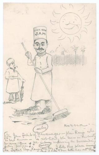 Kumar Shri Ranjitsinhji. Cambridge University, Sussex, London County & England 1893-1920. J.H. Dodgson, &lsquo;Yorkshire Evening Post&rsquo; cartoonist 1900/1920&rsquo;s. Original pencil cartoon drawing by Dodgson, using his pseudonym &lsquo;Kester&rsquo;, and featuring the &lsquo;Yorkshire