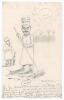 Kumar Shri Ranjitsinhji. Cambridge University, Sussex, London County & England 1893-1920. J.H. Dodgson, &lsquo;Yorkshire Evening Post&rsquo; cartoonist 1900/1920&rsquo;s. Original pencil cartoon drawing by Dodgson, using his pseudonym &lsquo;Kester&rsquo;, and featuring the &lsquo;Yorkshire