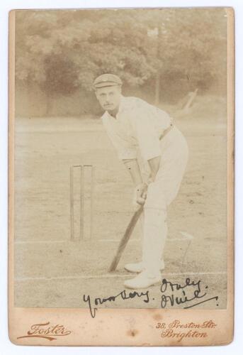 Joseph &lsquo;Joe&rsquo; Vine. Sussex & England 1896-1922. Early original sepia cabinet card photograph of Vine standing full length in batting pose at the wicket, wearing Sussex cap. Signed in black ink &lsquo;Yours very truly, J. Vine&rsquo; to the lower portion of the image. 