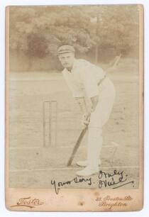 Joseph &lsquo;Joe&rsquo; Vine. Sussex & England 1896-1922. Early original sepia cabinet card photograph of Vine standing full length in batting pose at the wicket, wearing Sussex cap. Signed in black ink &lsquo;Yours very truly, J. Vine&rsquo; to the lower portion of the image. 