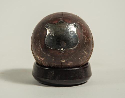 Sussex v Nottinghamshire, Hastings 1897. Cricket ball with silver metal shield with inscription &lsquo;This ball was used in the concluding innings of the match Notts v Sussex played at Hastings July 8th, 9th & 10th 18917. Notts 1st innings 146, 2nd innings 268