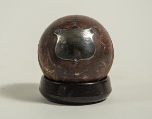 Sussex v Nottinghamshire, Hastings 1897. Cricket ball with silver metal shield with inscription &lsquo;This ball was used in the concluding innings of the match Notts v Sussex played at Hastings July 8th, 9th & 10th 18917. Notts 1st innings 146, 2nd innings 268