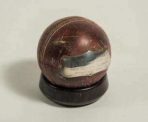 George Benjamin Street, Sussex & England 1909-1923. Cricket ball presented to George Street in 1916. The ball has two silver plaques attached to it with the following inscriptions, &lsquo;Sergeant Street. 2/6th Sussex Regiment. From Captain Plumer. Bangalore 19
