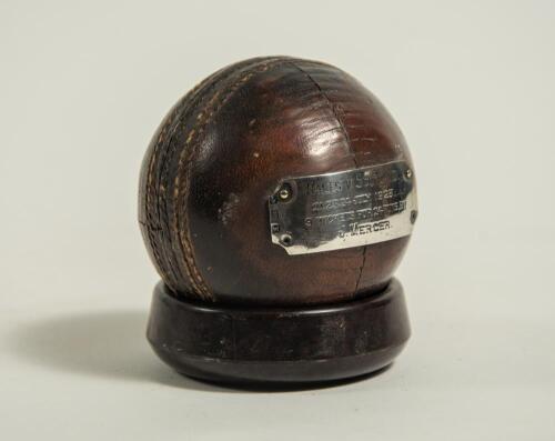 John &lsquo;Jack&rsquo; Mercer. Sussex, Glamorgan & Northamptonshire 1919-1947. Cricket ball with silver plaque attached with inscription &lsquo;Wales v Scotland, 21,23, 24th July 1923. 9 wickets for 24 runs by J. Mercer&rsquo;. Good condition