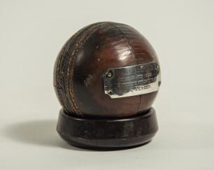 John &lsquo;Jack&rsquo; Mercer. Sussex, Glamorgan & Northamptonshire 1919-1947. Cricket ball with silver plaque attached with inscription &lsquo;Wales v Scotland, 21,23, 24th July 1923. 9 wickets for 24 runs by J. Mercer&rsquo;. Good condition