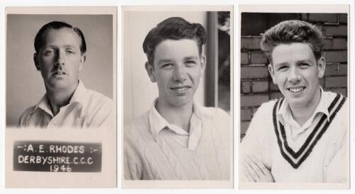 Derbyshire C.C.C. &lsquo;Dusty&rsquo; and Harold Rhodes. Three original mono real photograph plain back postcards, each with official stamp to verso for A. Wilkes & Son, West Bromwich. One of Albert Ennion Groucott &lsquo;Dusty&rsquo; Rhodes (Derbyshire 1937-1954), head and shou